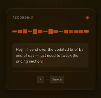Murmur interface preview with a recording waveform, transcript, and Option-Space shortcut